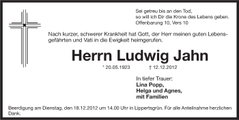 Traueranzeige von Ludwig Jahn von Pegnitz-Zeitung